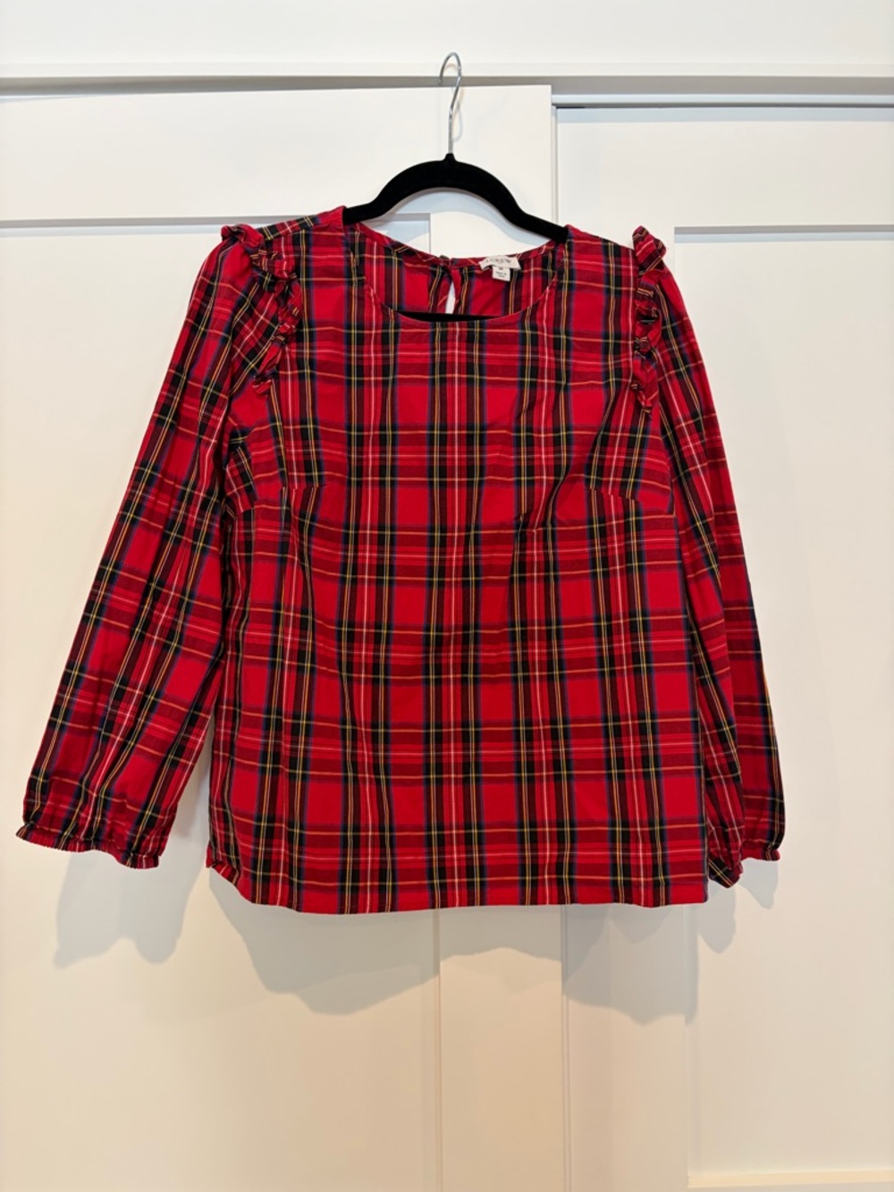 J. Crew Red Tartan Ruffle Shoulder Top